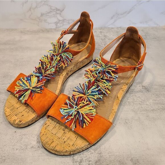 BCBGMaxAzria Orange Suede with Colorful Pom Pom Detail.Sandals, Cork Outsole | 9 - Picture 2 of 10